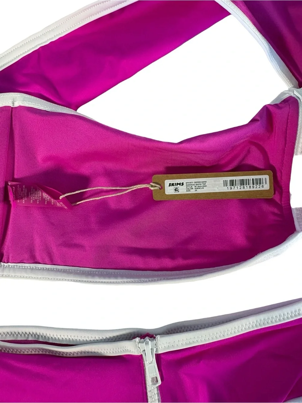 SKIMS Sporty Zipper Swim Bikini Set 3X Hibiscus Pink Bandeau Dipped Tanga